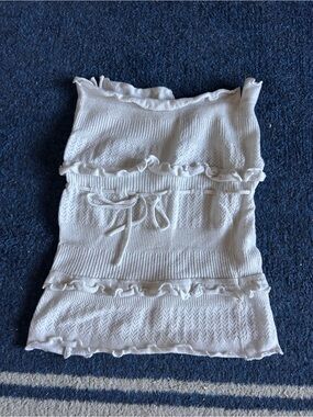 White Ruffled Knit Strapless Crop Top with Waist Tie